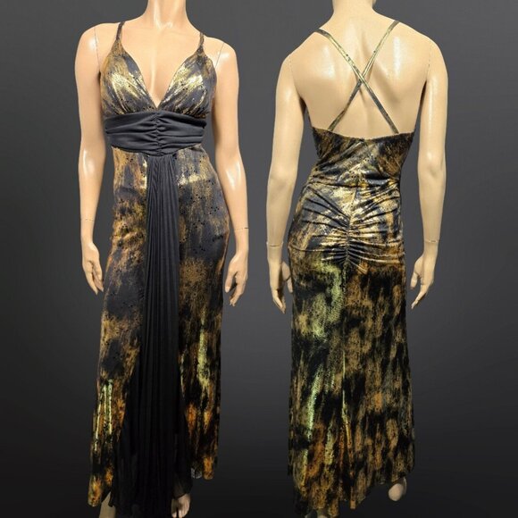 Y2K Art Deco Maxi Dress Womens Size M Gold Glitter Black Slinky Party Cocktail - Picture 1 of 13